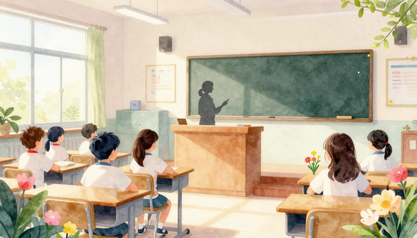 Watercolor style. Bright spring classroom, silhouette of a t...