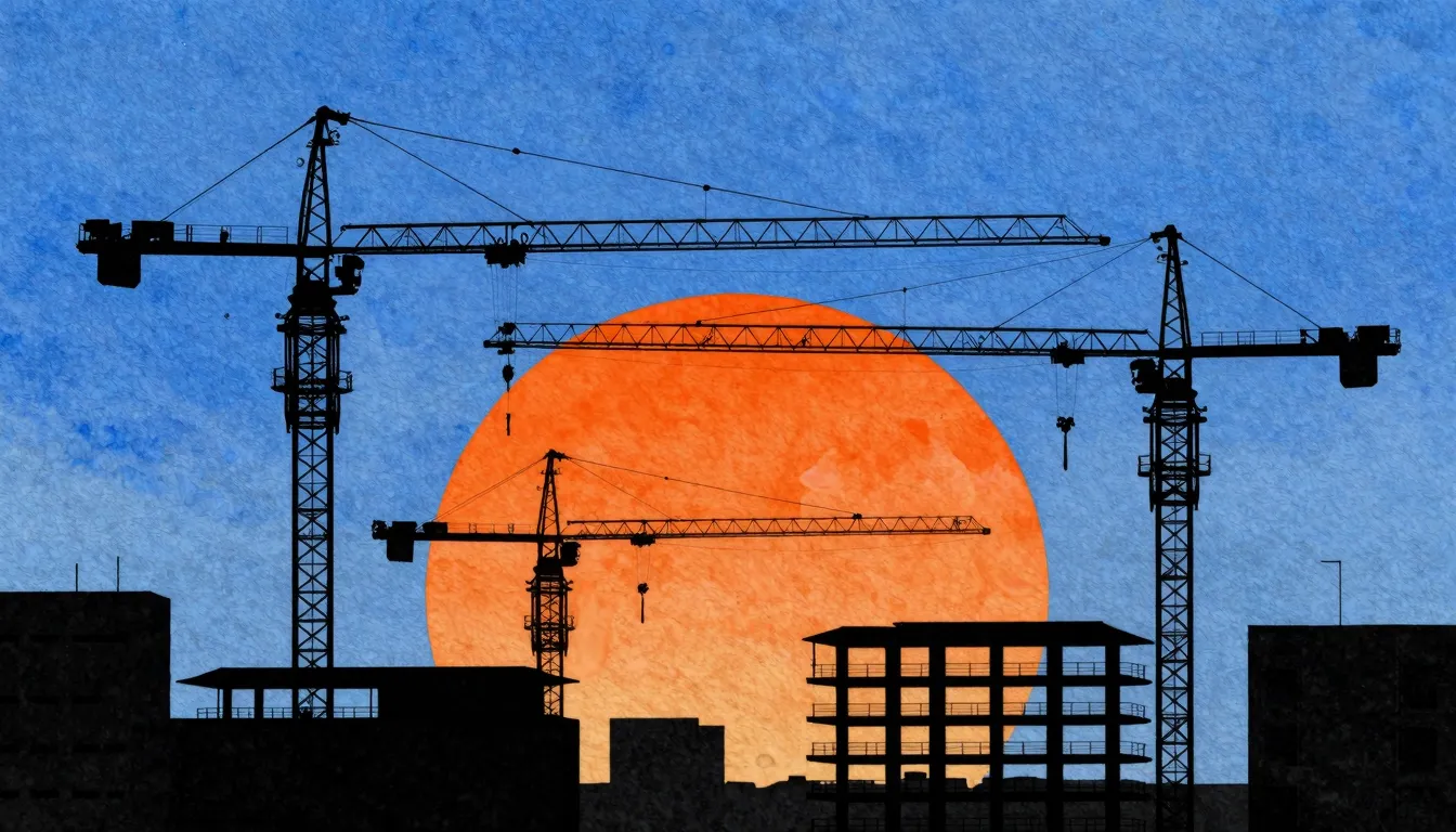 Watercolor style. Silhouettes of construction cranes against...