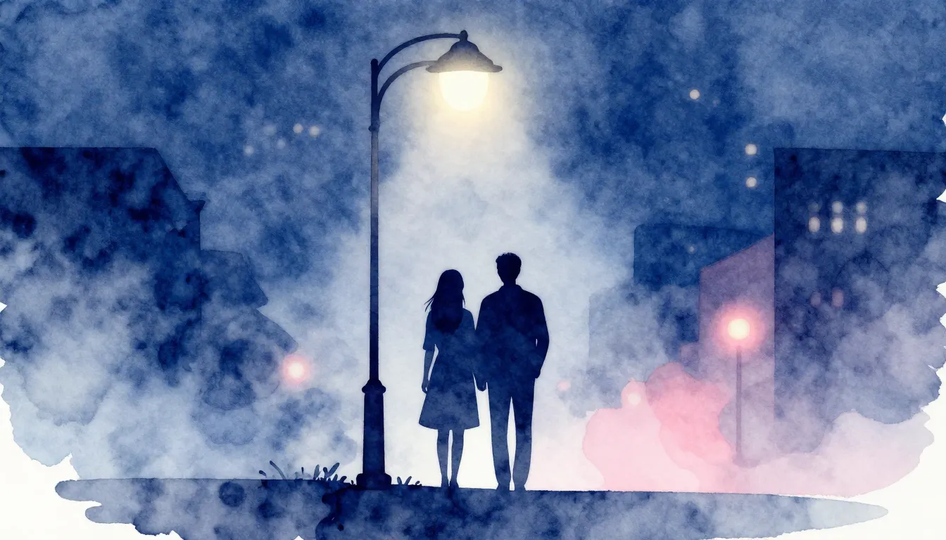 Watercolor style. A minimalist silhouette of a couple standi...