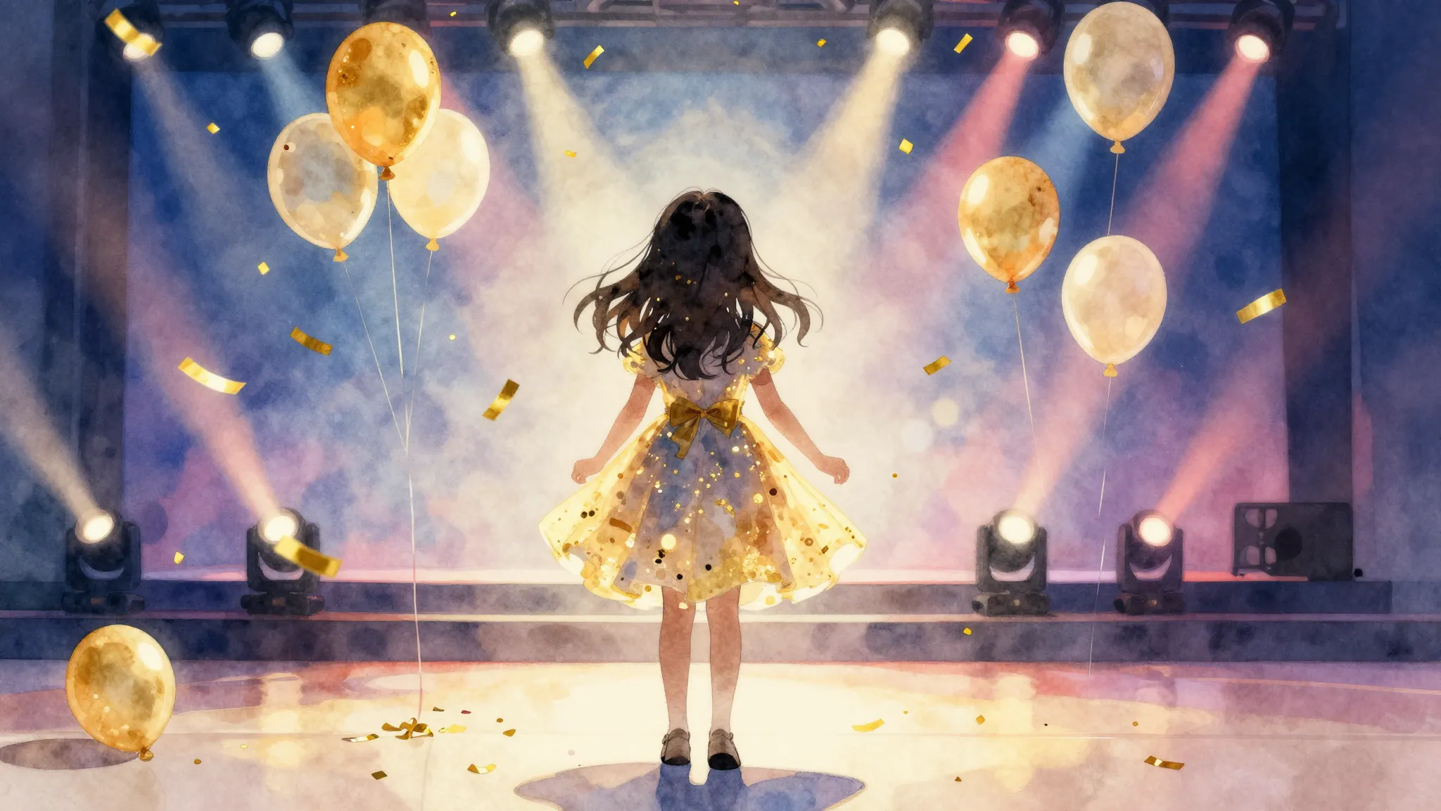 Watercolor style. A silhouette of a happy girl in a festive ...
