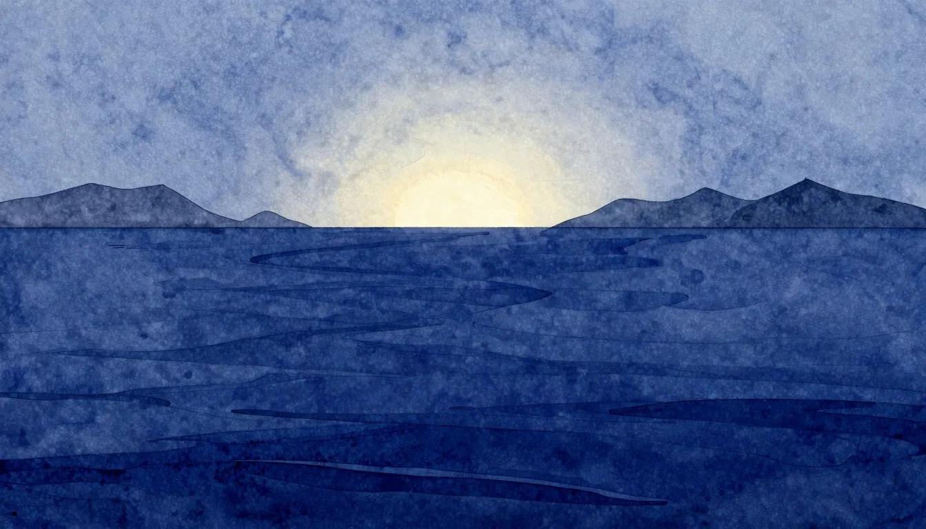 Watercolor style. A vast ocean with deep blue water, silhoue...