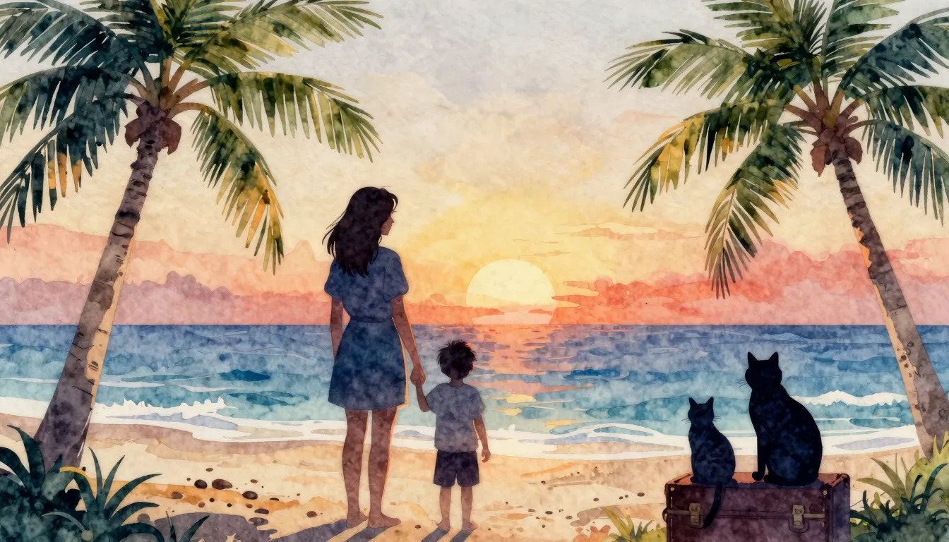 Watercolor style. Silhouette of a woman and a child on a tro...