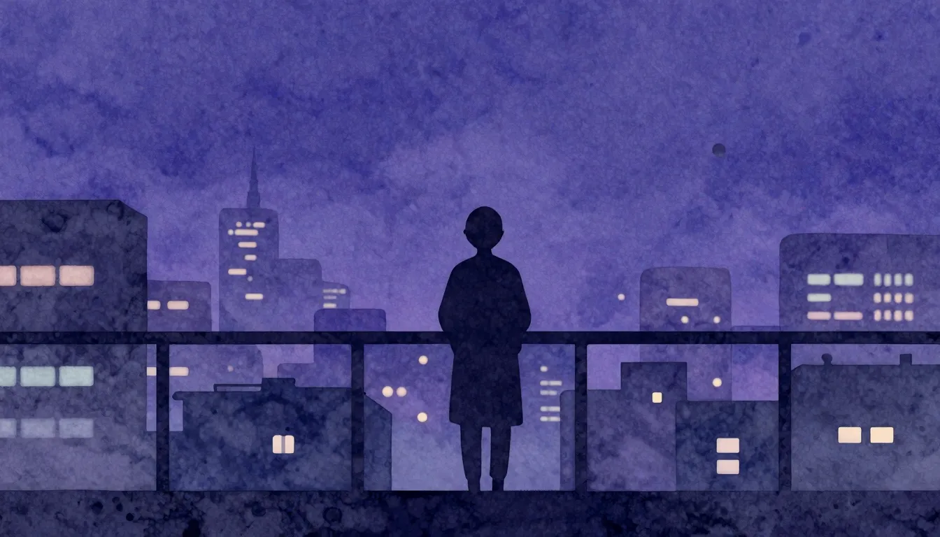 Watercolor style. A lonely silhouette of a person standing o...
