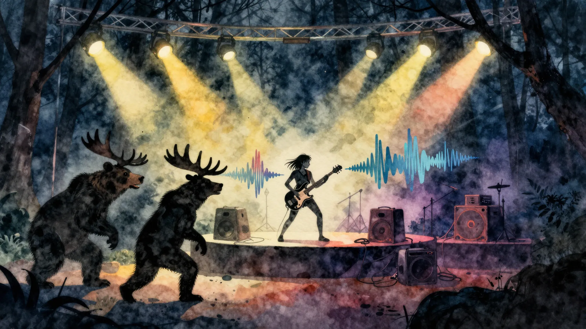 Watercolor style. A dark forest at night, illuminated by cha...
