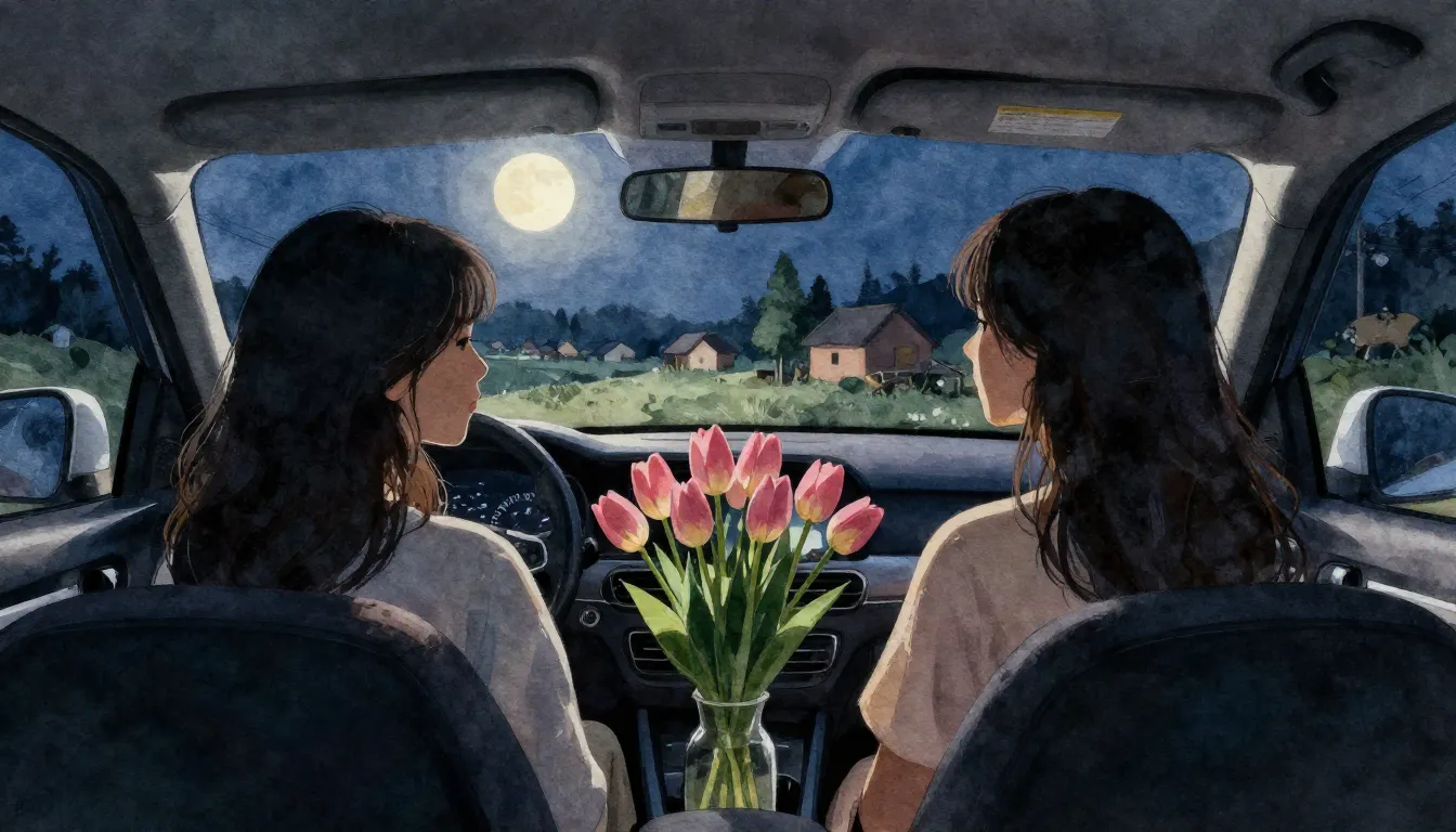 Watercolor style. Two female silhouettes sitting inside a ca...