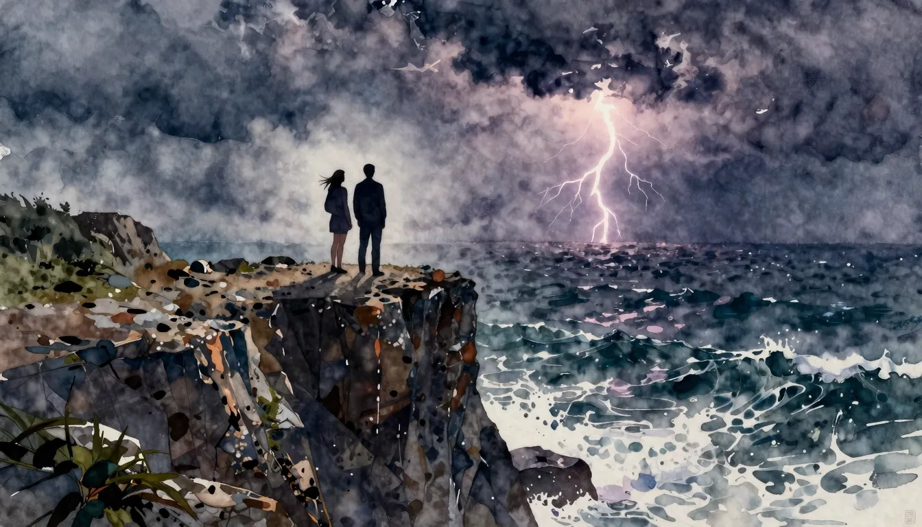 Watercolor style. Silhouettes of a couple standing on a high...
