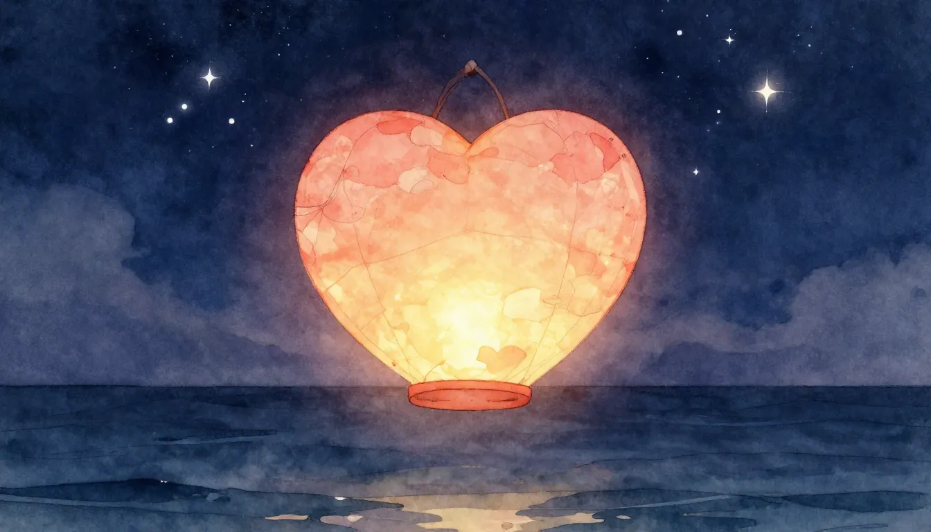Watercolor style. A glowing heart-shaped lantern floating in...