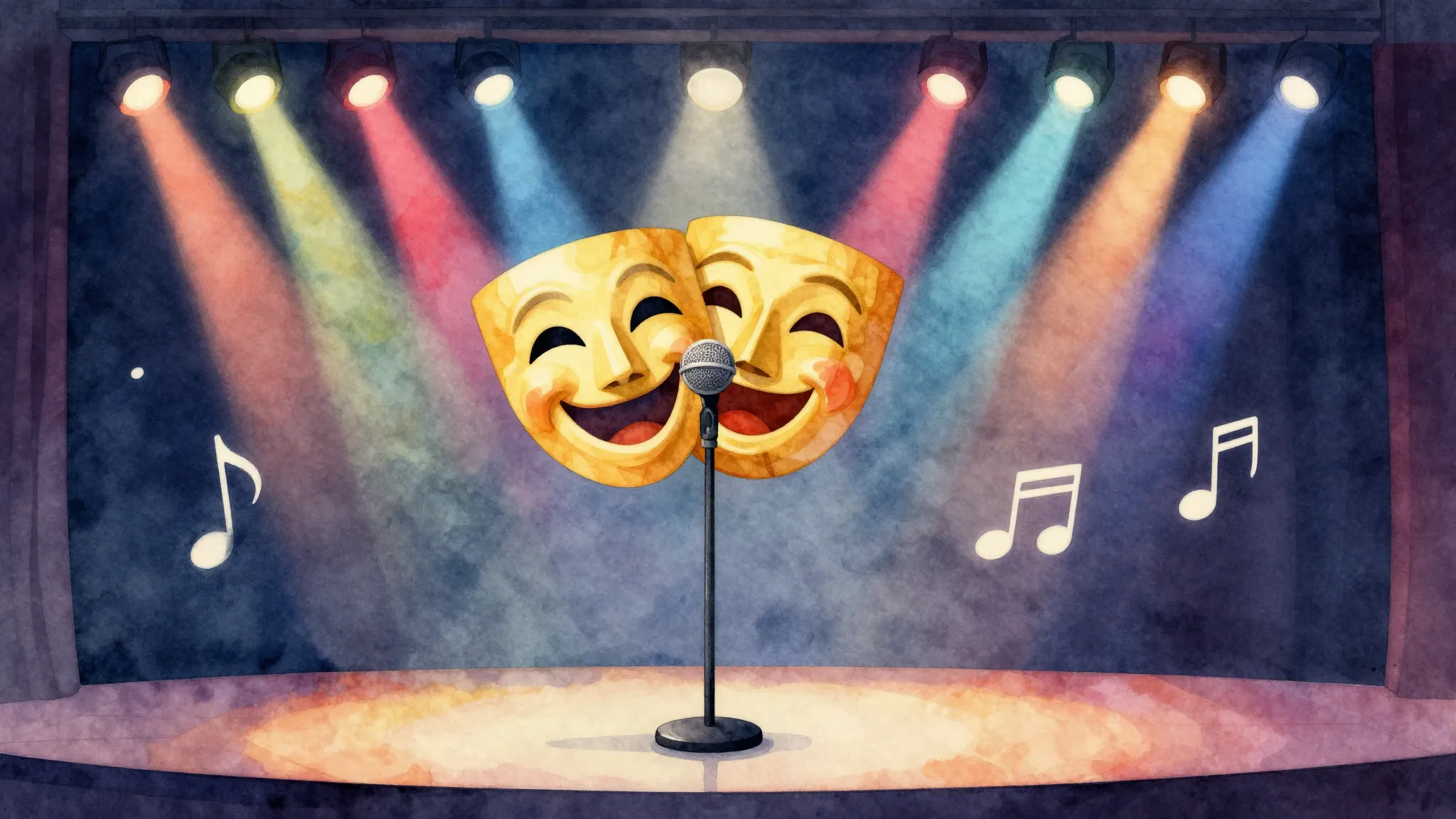 Watercolor style. A cheerful stage with a microphone stand, ...
