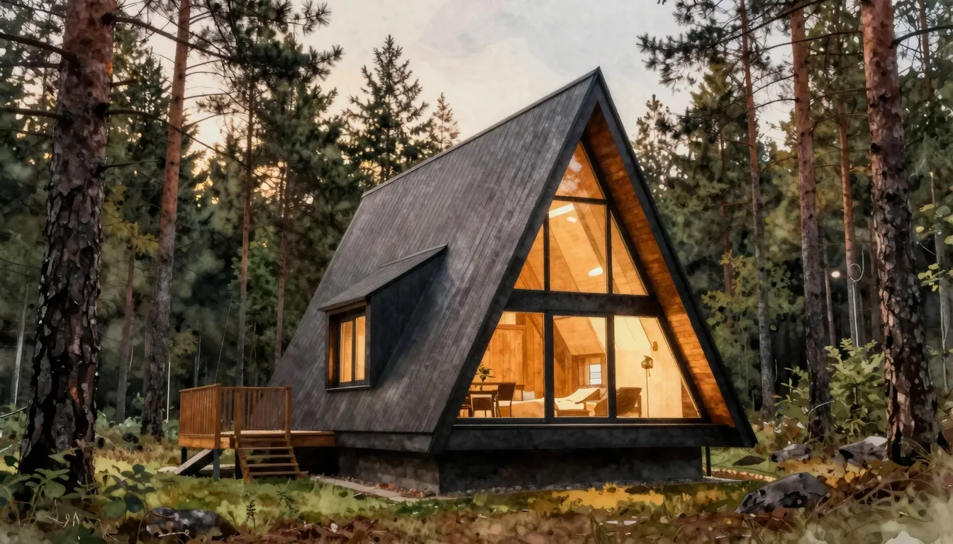 Watercolor style. A modern A-frame wooden house nestled in a...
