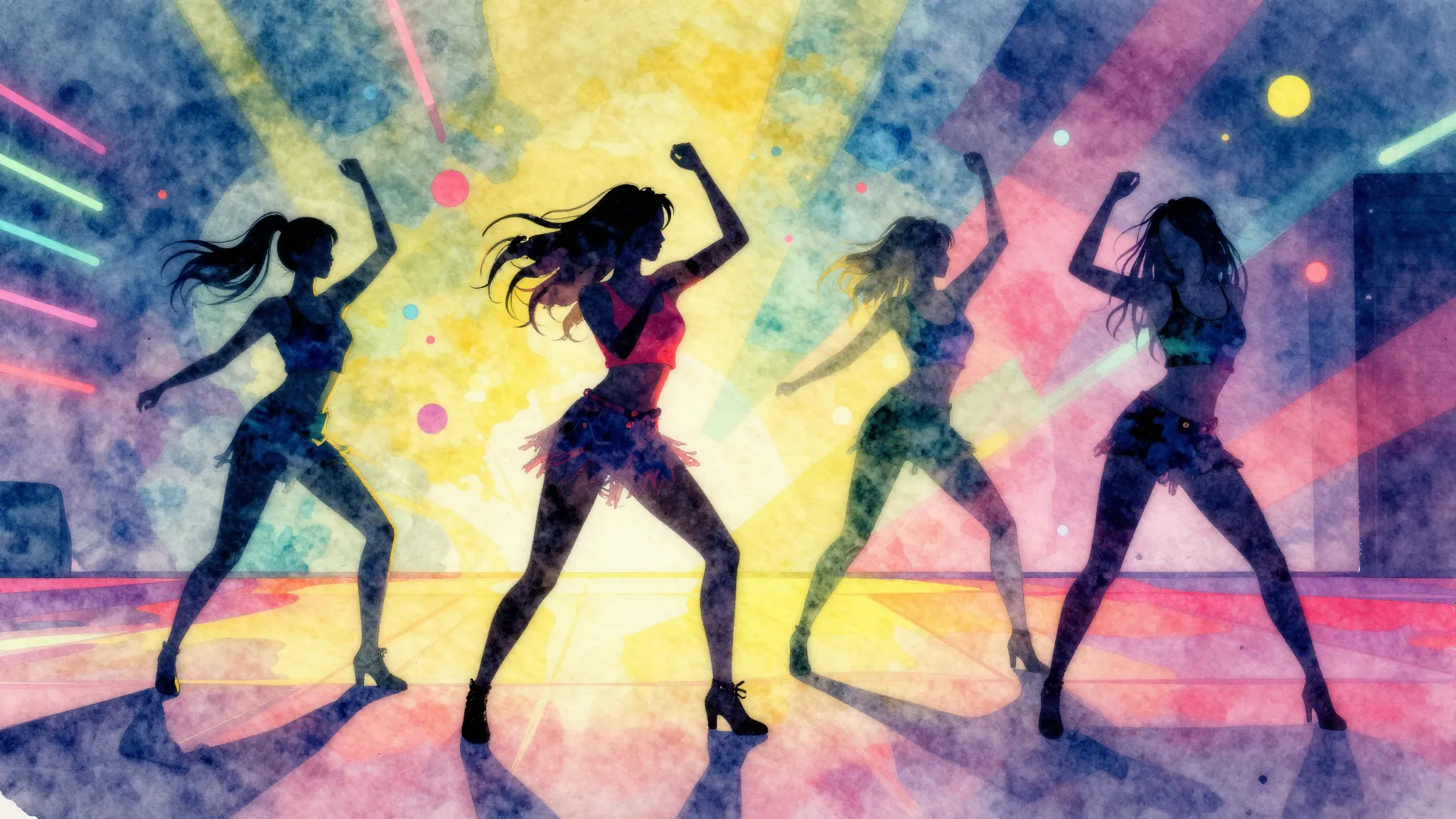 Vibrant watercolor style. Three girls dancing on a vibrant, ...