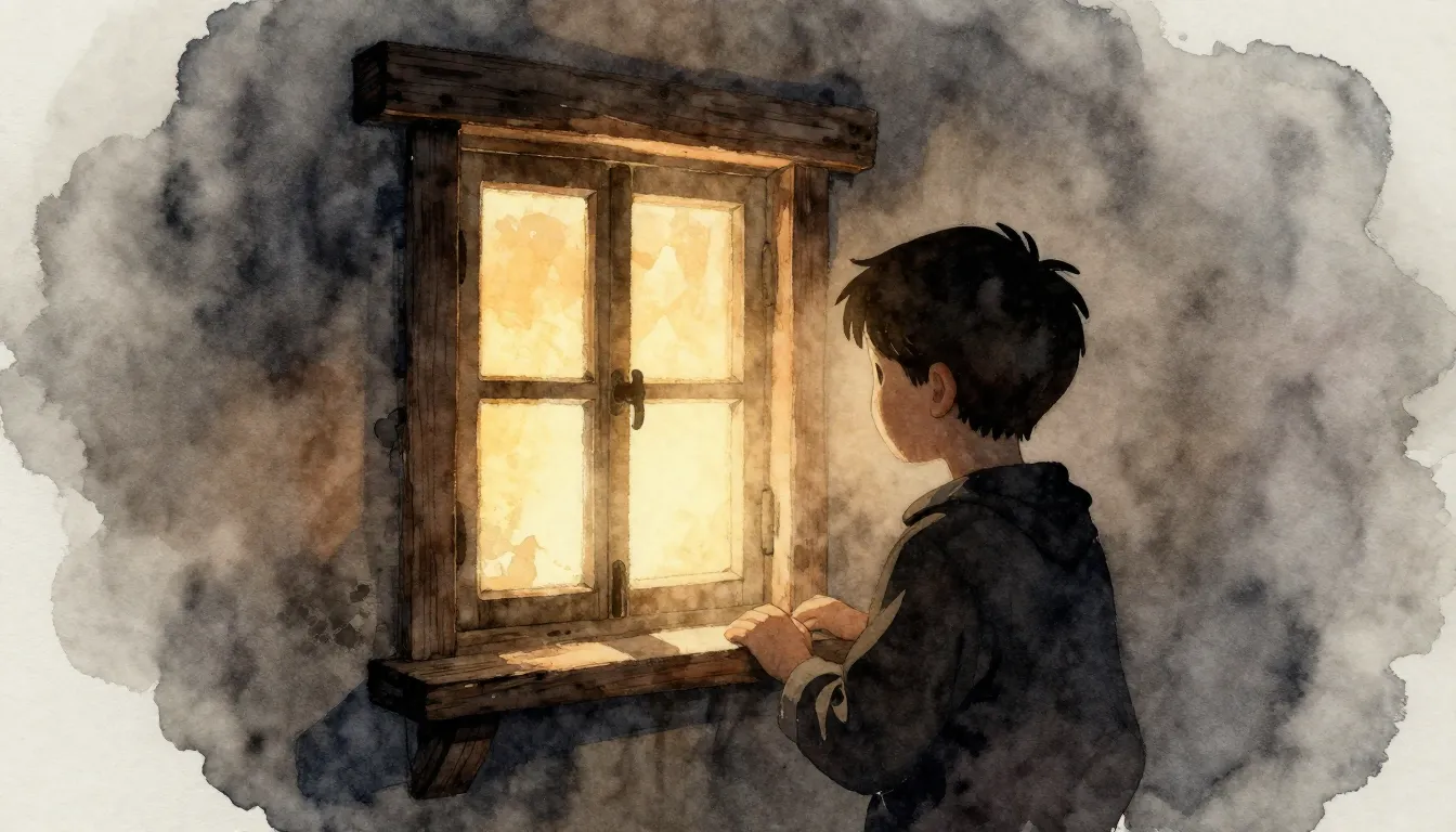 Watercolor style. A dark silhouette of a young boy looking a...