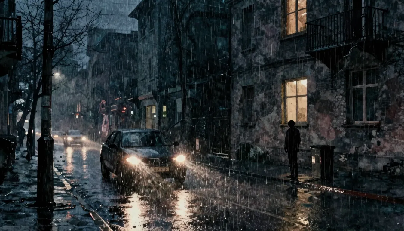 Watercolor style. Dark melancholic city street at night, hea...