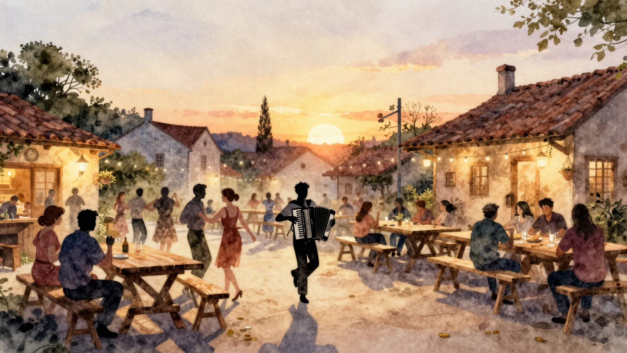 Watercolor style. A festive village scene at sunset, silhoue...