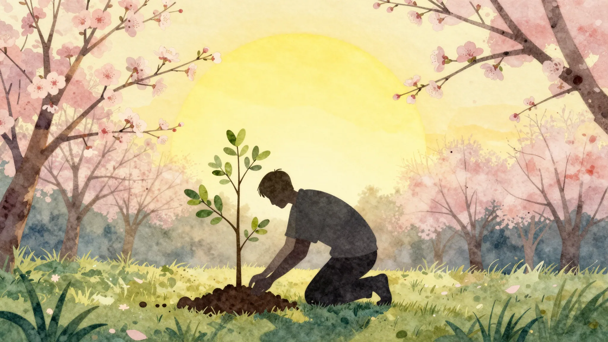 Watercolor style. Silhouette of a person planting a small tr...