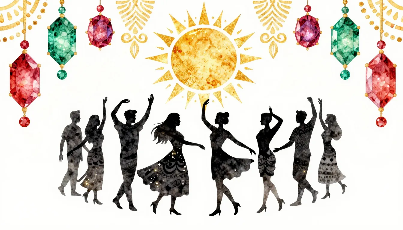 Watercolor style. Silhouettes of dancers in a circle under a...