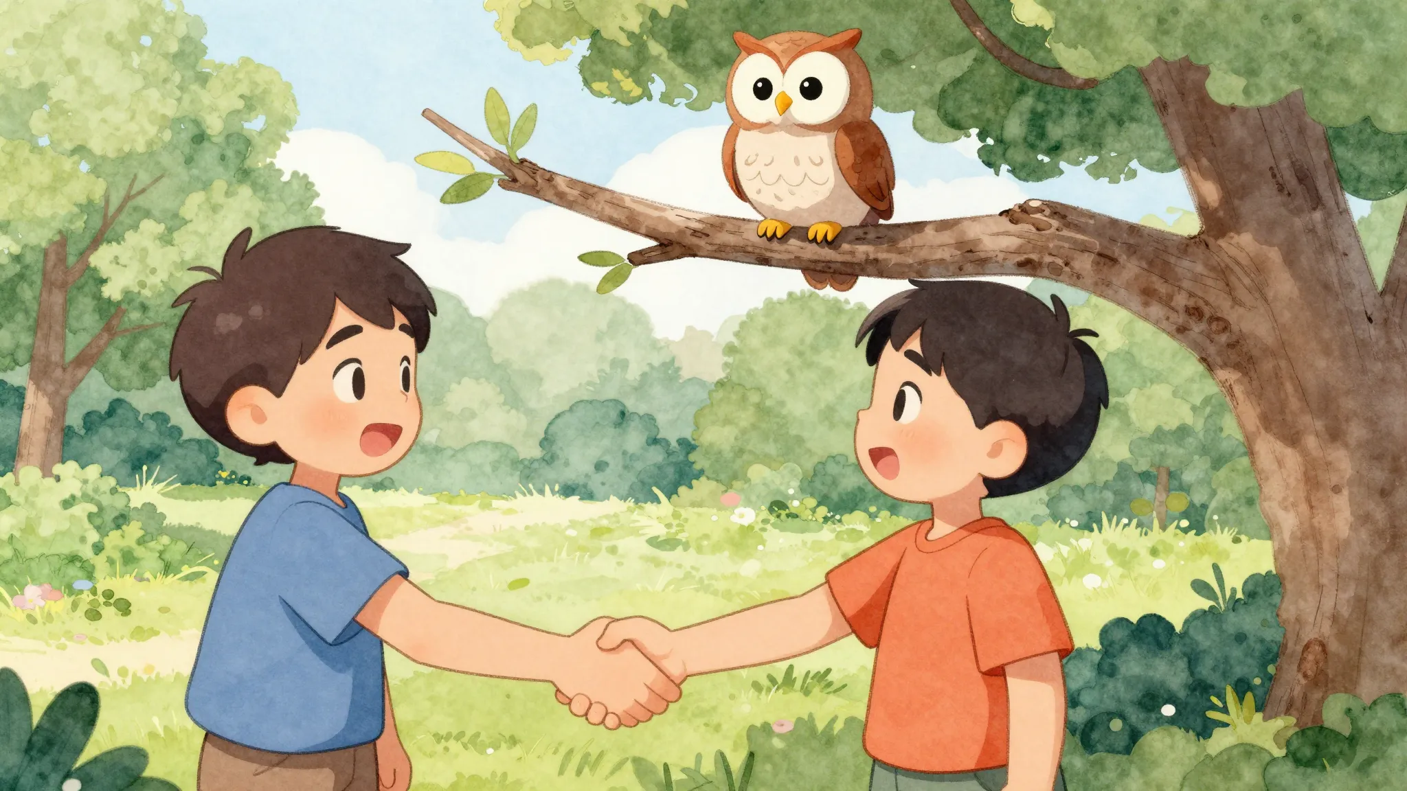 Watercolor style. Two boys shaking hands after an argument, ...