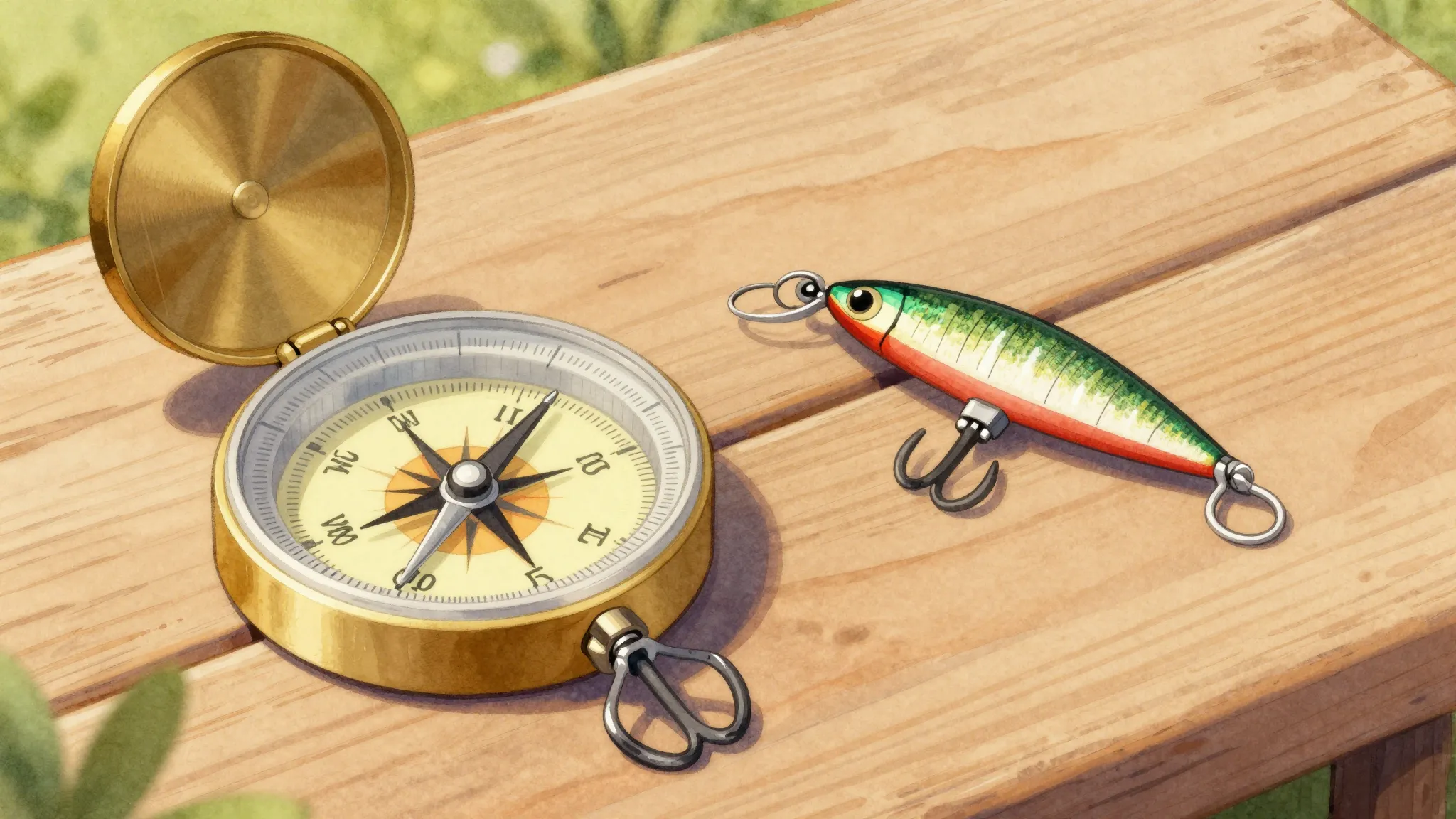 Watercolor style. A close-up of a fishing lure and a compass...