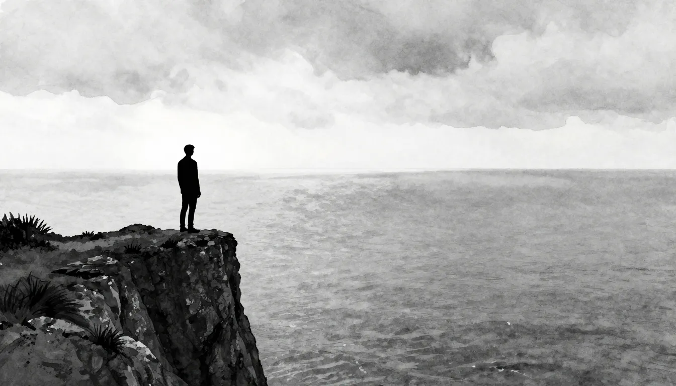 Watercolor style. A solitary silhouette standing on a cliff ...