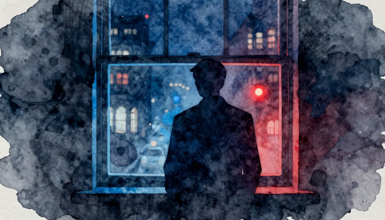 Watercolor style. Silhouette of a detective's office window ...