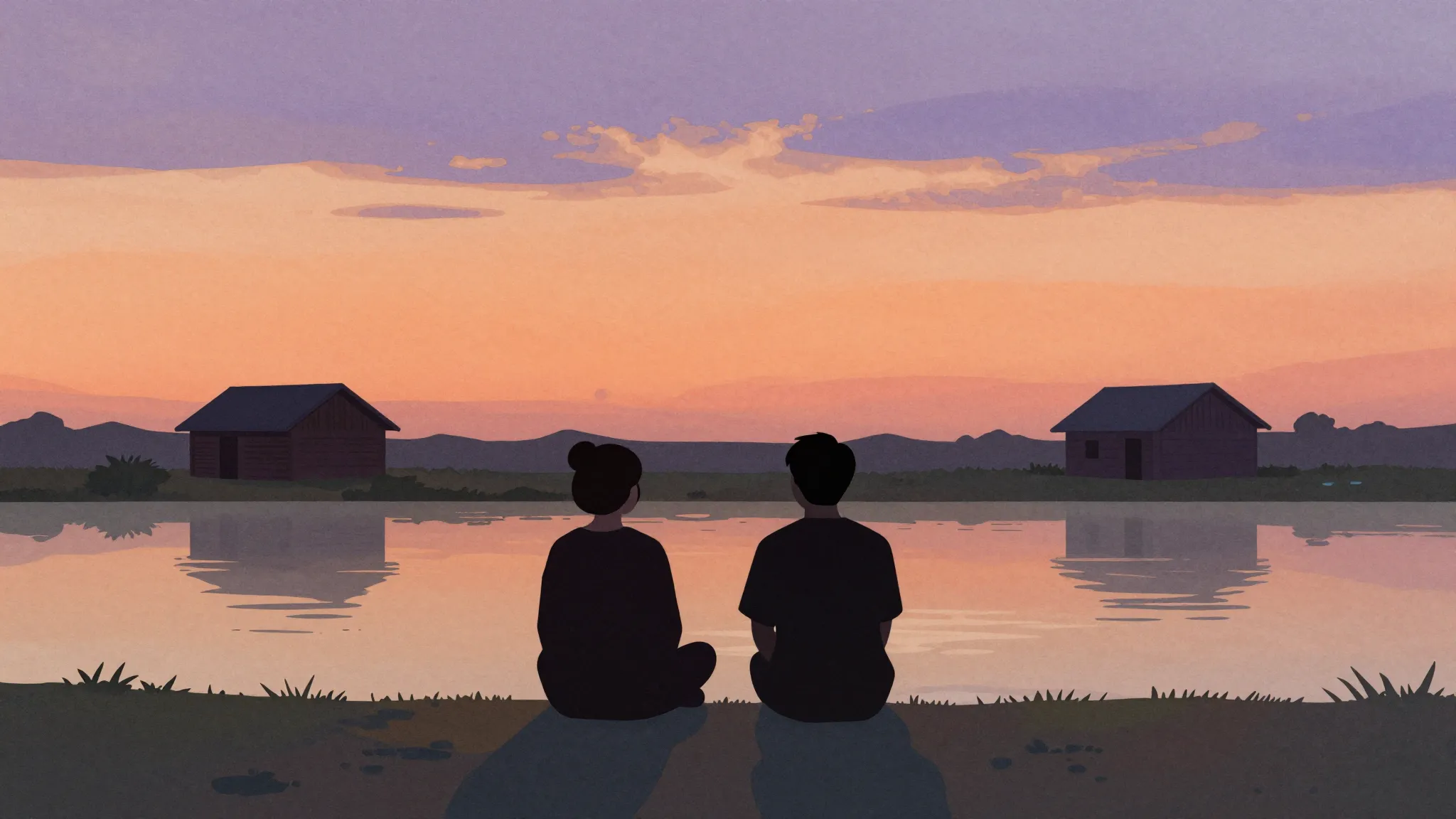 Watercolor style. Silhouette of two friends sitting by a cal...