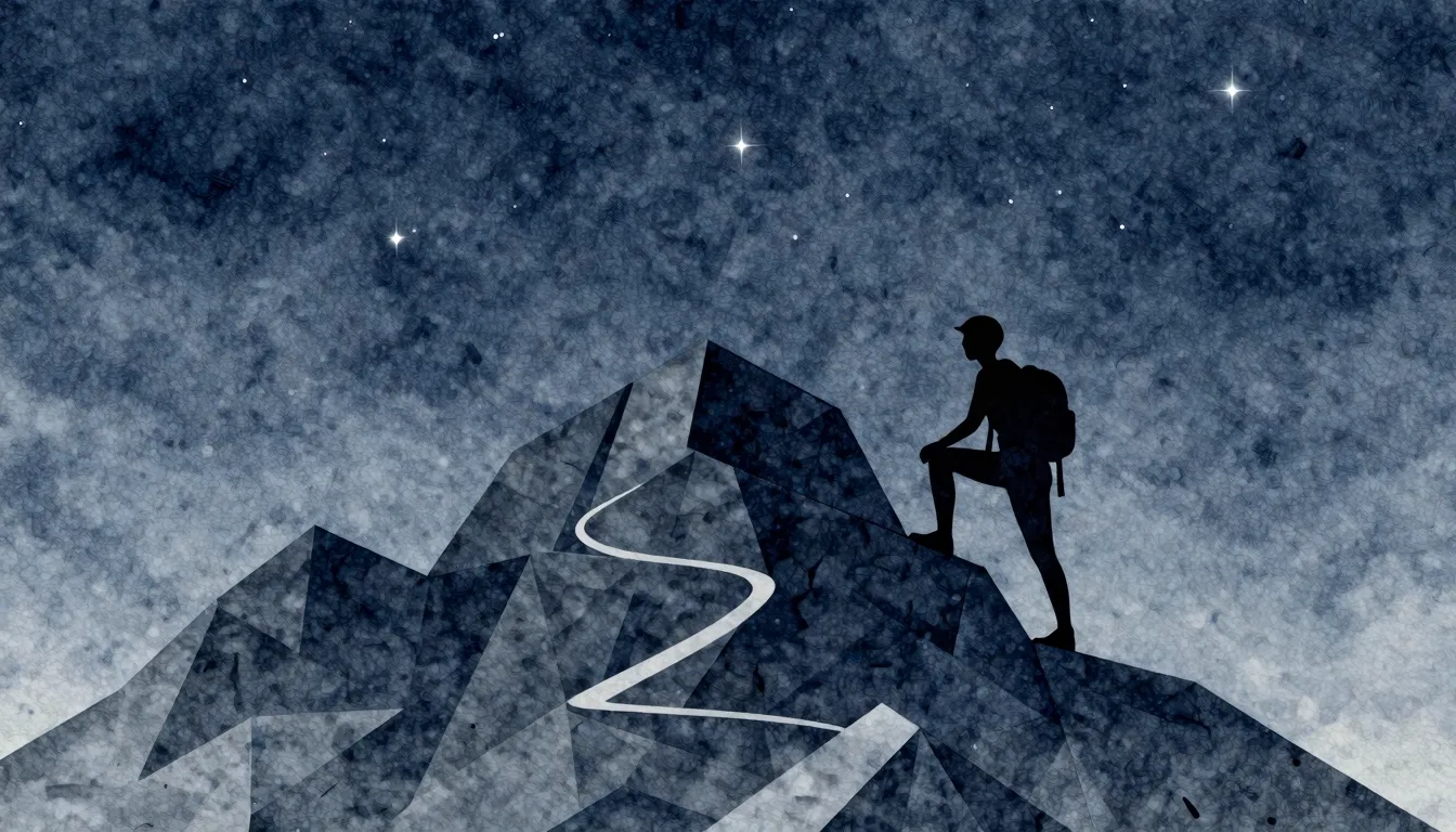 Watercolor style. Silhouette of a person climbing a steep mo...