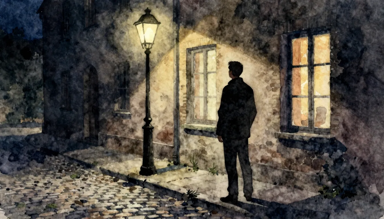 Watercolor style. A silhouette of a man stands under a singl...