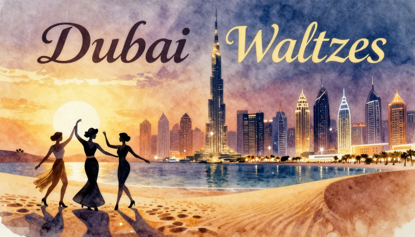 Vibrant watercolor style. Luxury Dubai night, elegant silhou...