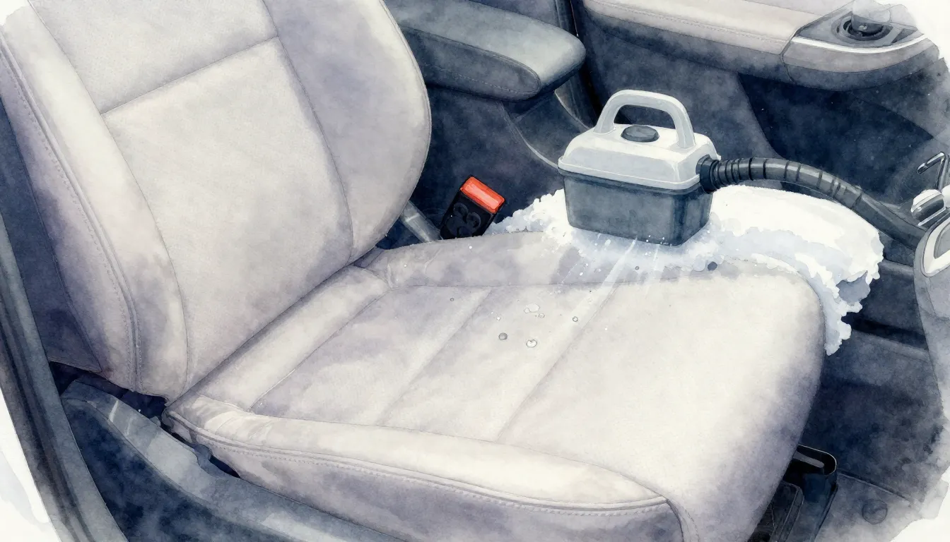 Watercolor style. Close-up of a clean car seat and a soft ca...