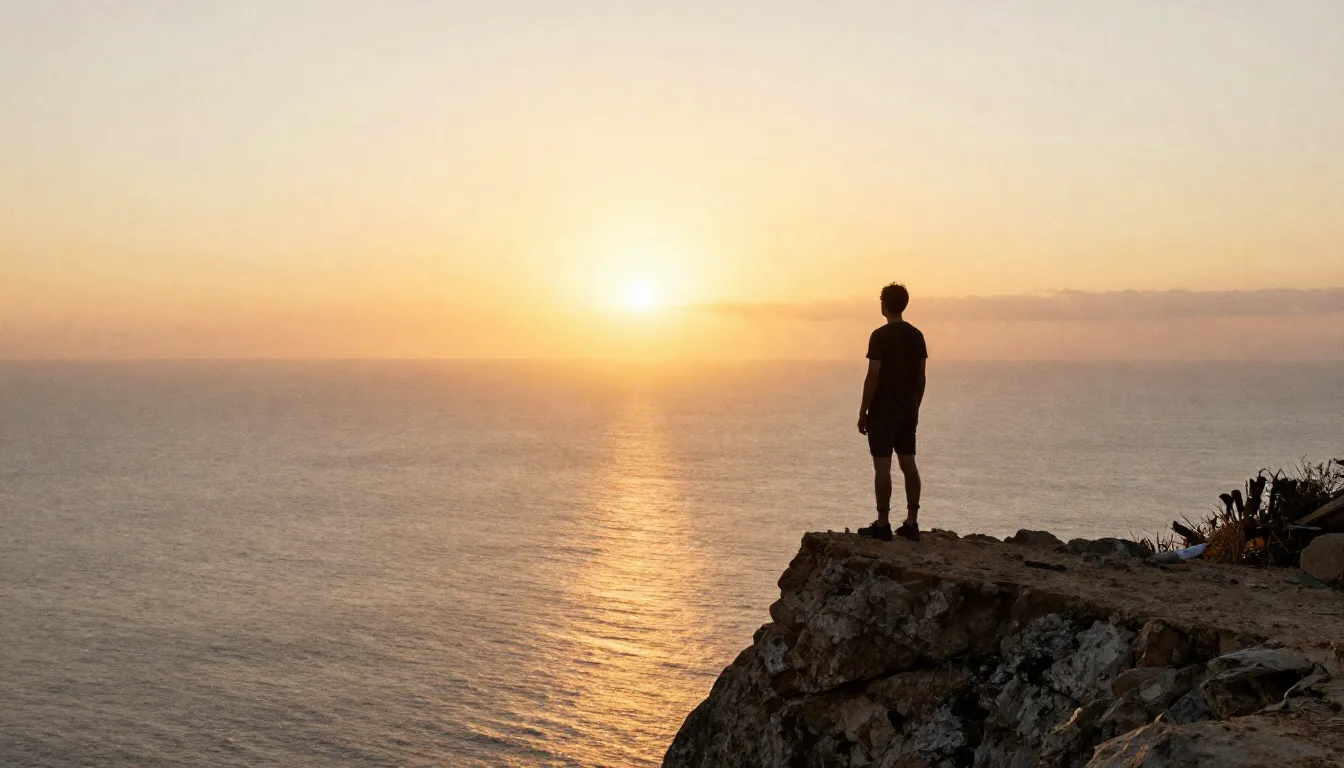 Watercolor style. Silhouette of a person standing on a cliff...