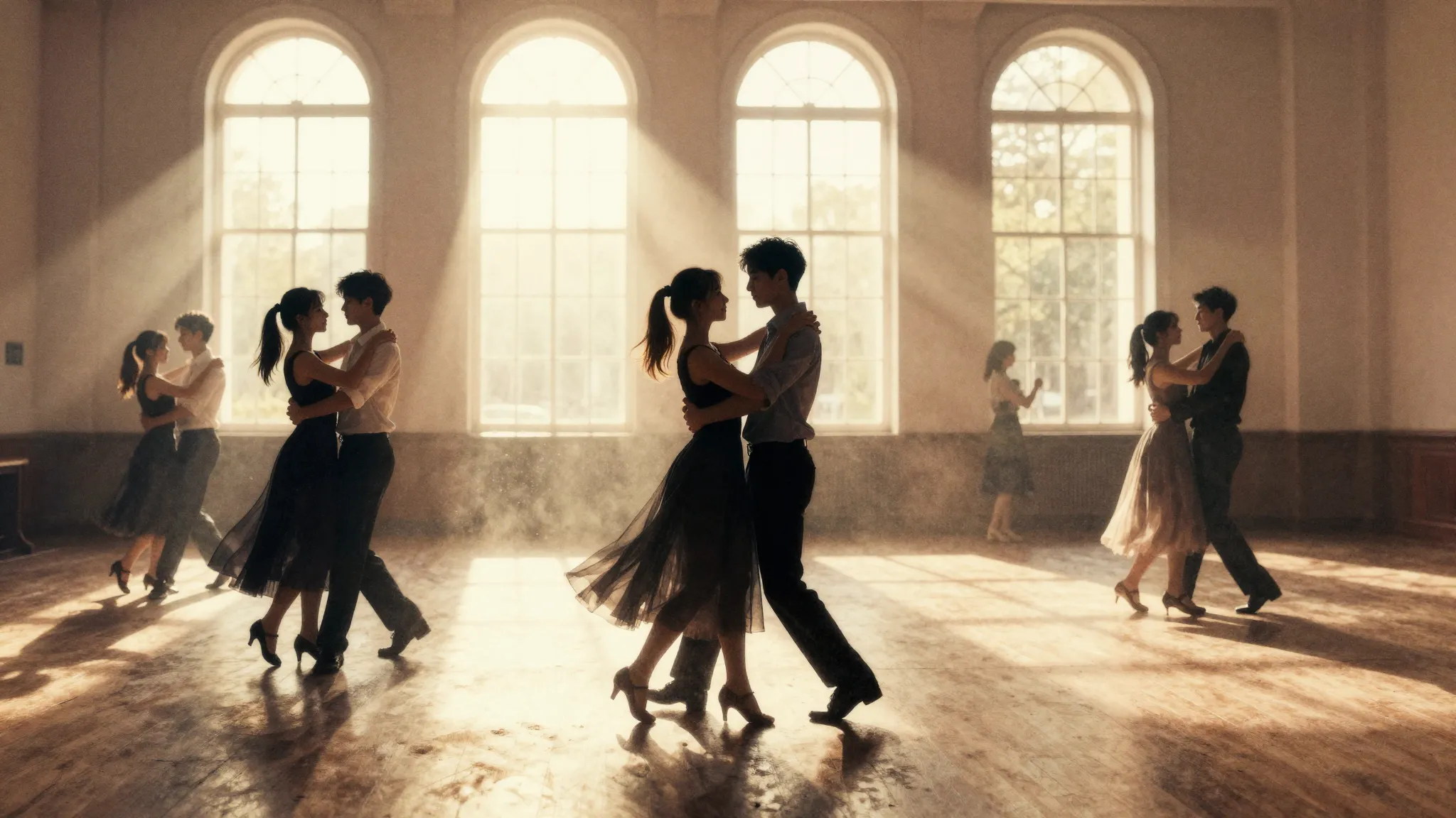 Watercolor style. Silhouettes of teenagers dancing a waltz i...