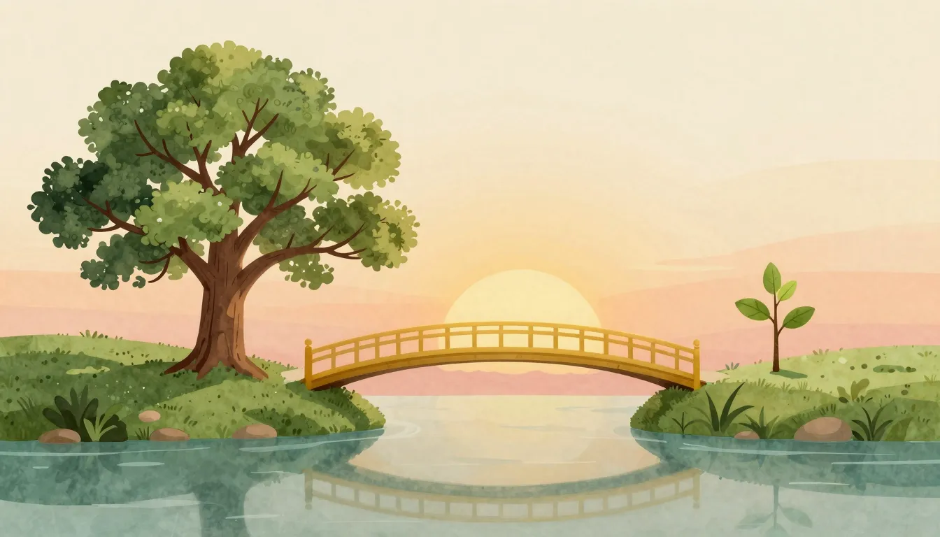 Watercolor style. A stylized golden bridge connecting two gr...