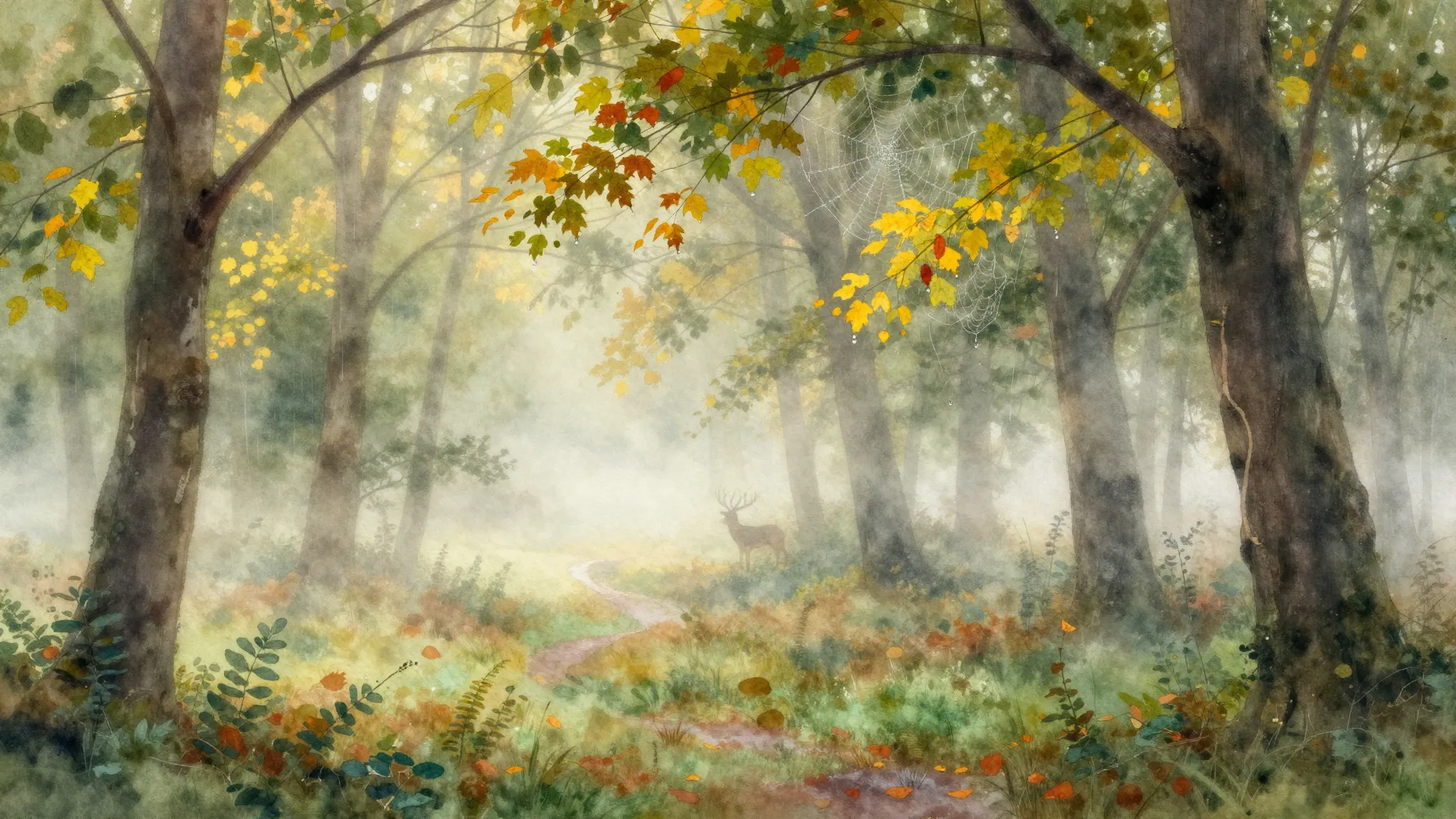 Watercolor style. A serene forest landscape in late August. ...