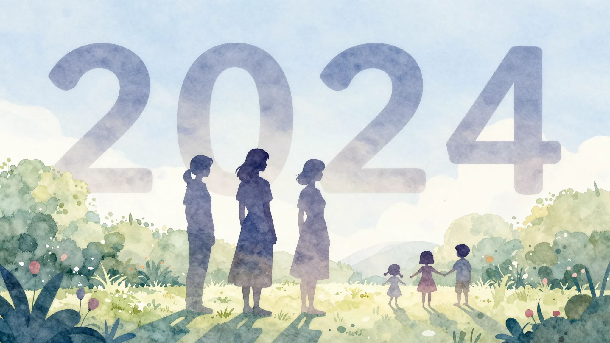 Watercolor style. Silhouettes of three female figures standi...