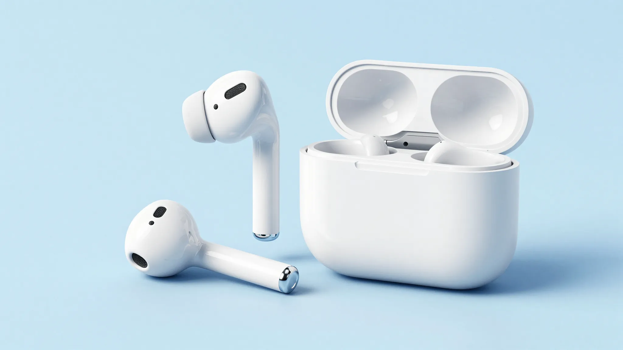 Watercolor style. A pair of sleek white earbuds resting next...