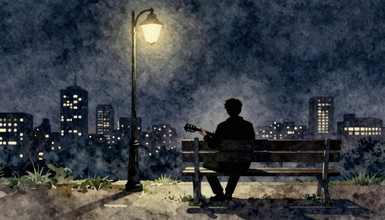 Watercolor style. A silhouette of a man with a guitar sittin...