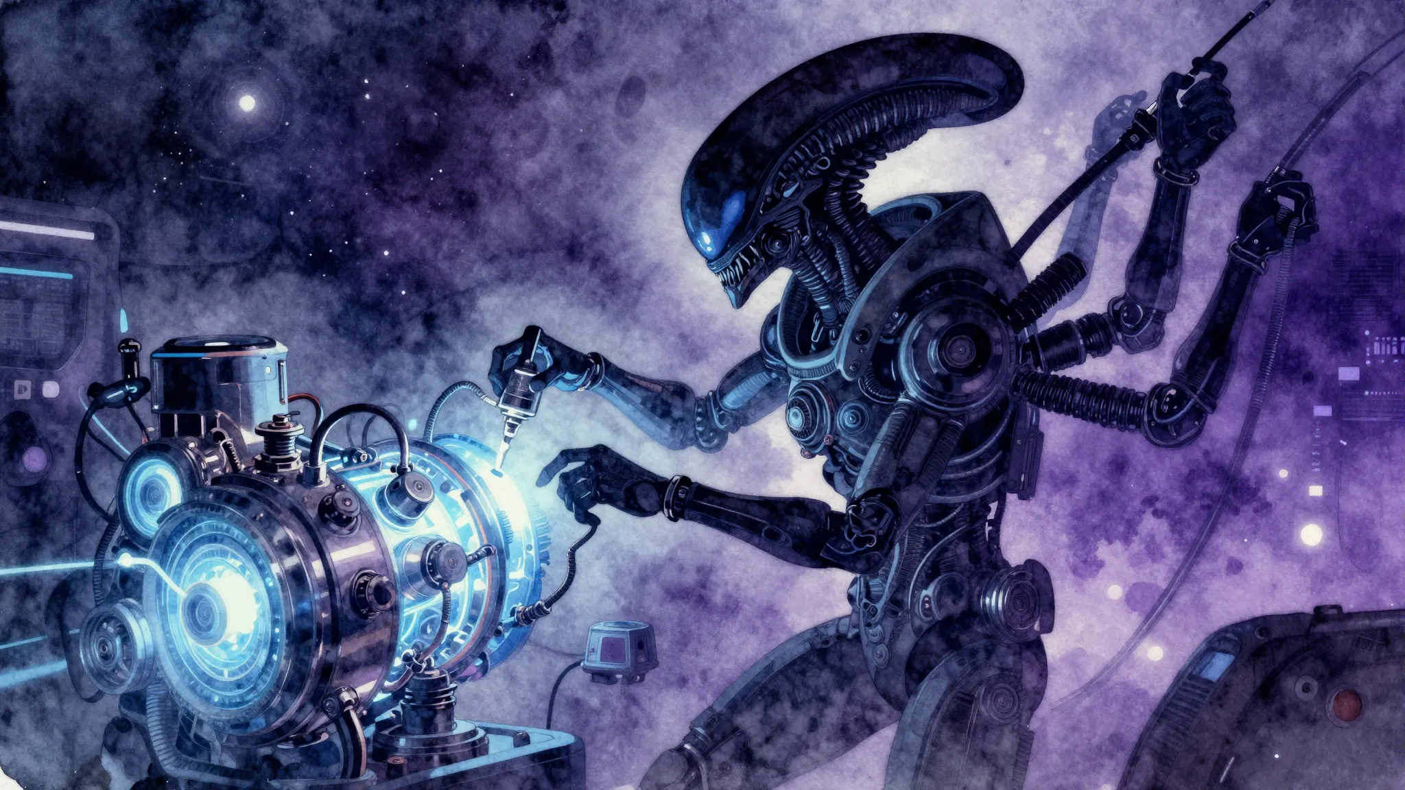 Watercolor style. Silhouette of a multi-armed alien mechanic...