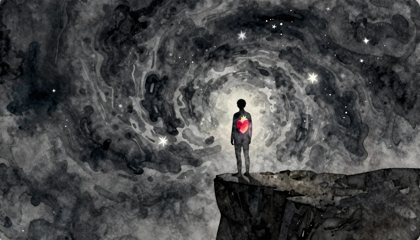 Watercolor style. A dark, abstract silhouette of a person st...