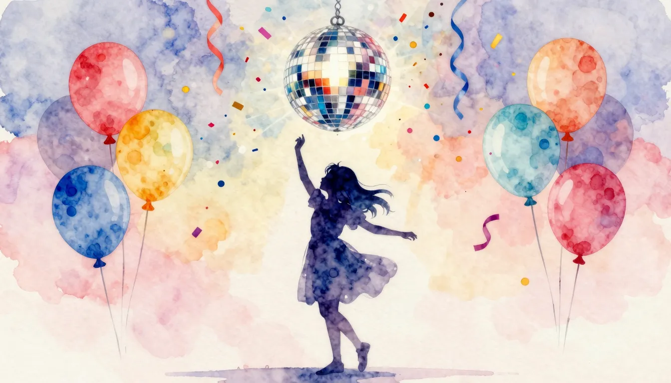 Watercolor style. A vibrant birthday party scene with colorf...
