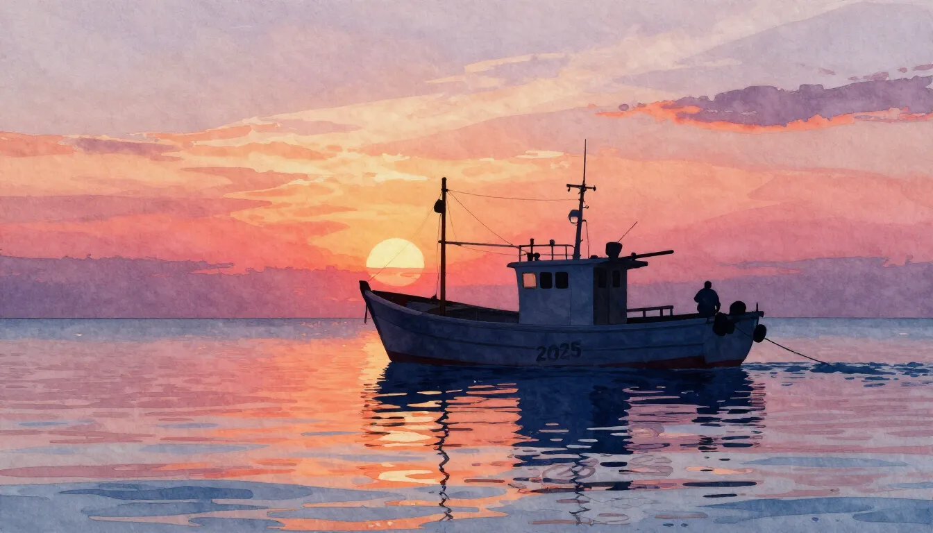 Vibrant watercolor style. A fishing boat silhouette on a cal...