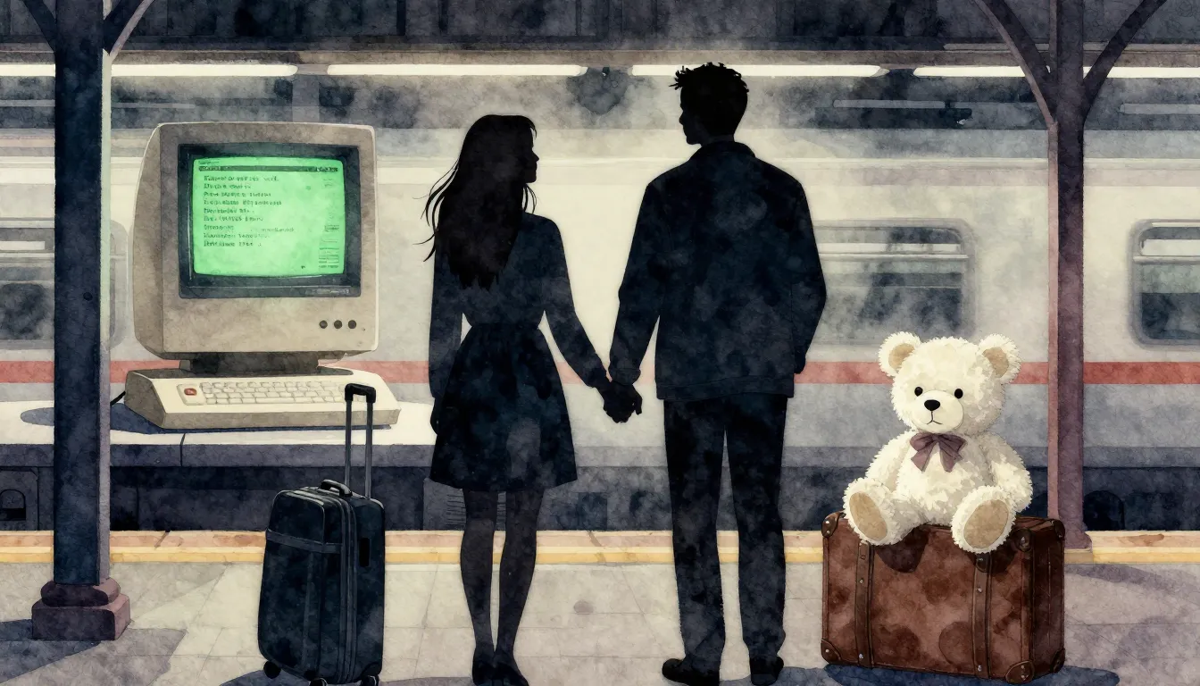 Watercolor style. Silhouette of a couple holding hands at a ...