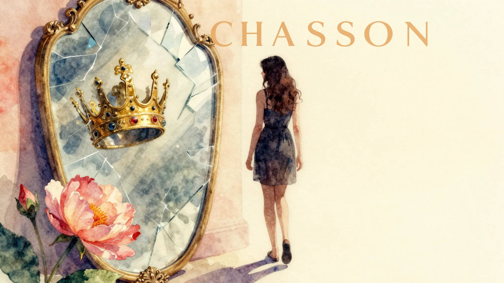 Vibrant watercolor style. Chanson album cover, a broken mirr...