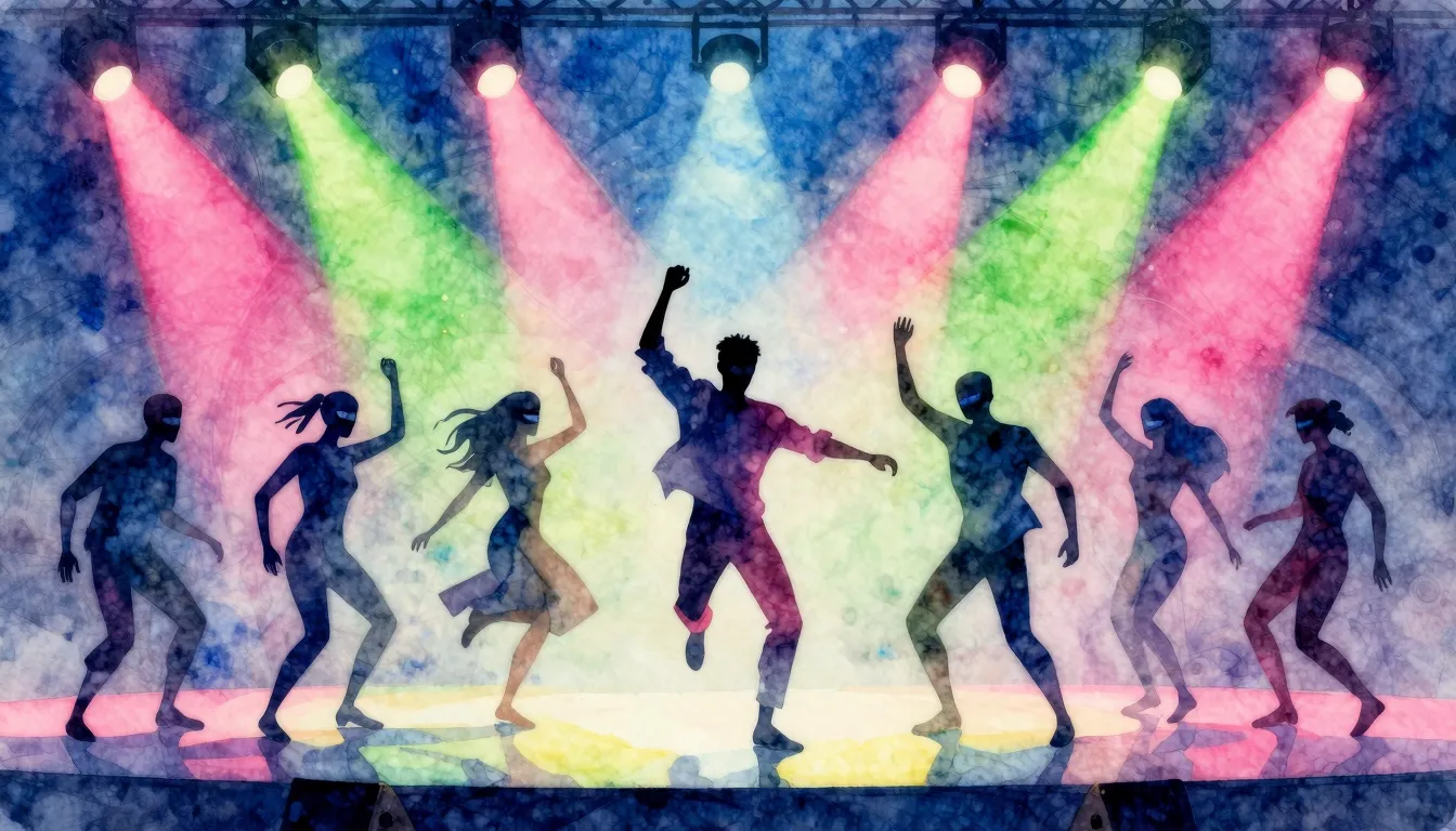 Watercolor style. A vibrant, colorful stage with spotlights....