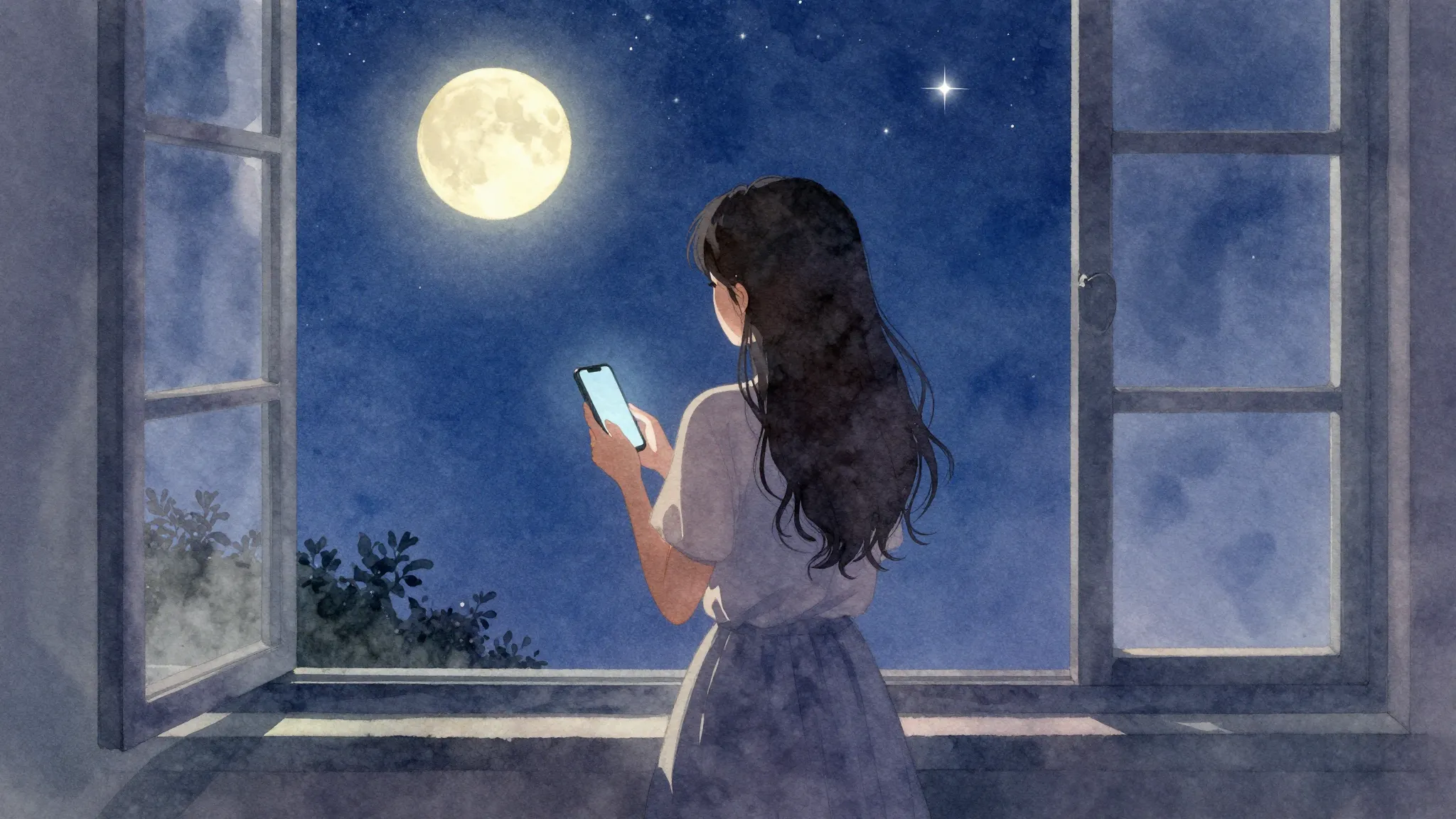 Watercolor style. A silhouette of a woman looking out a wind...