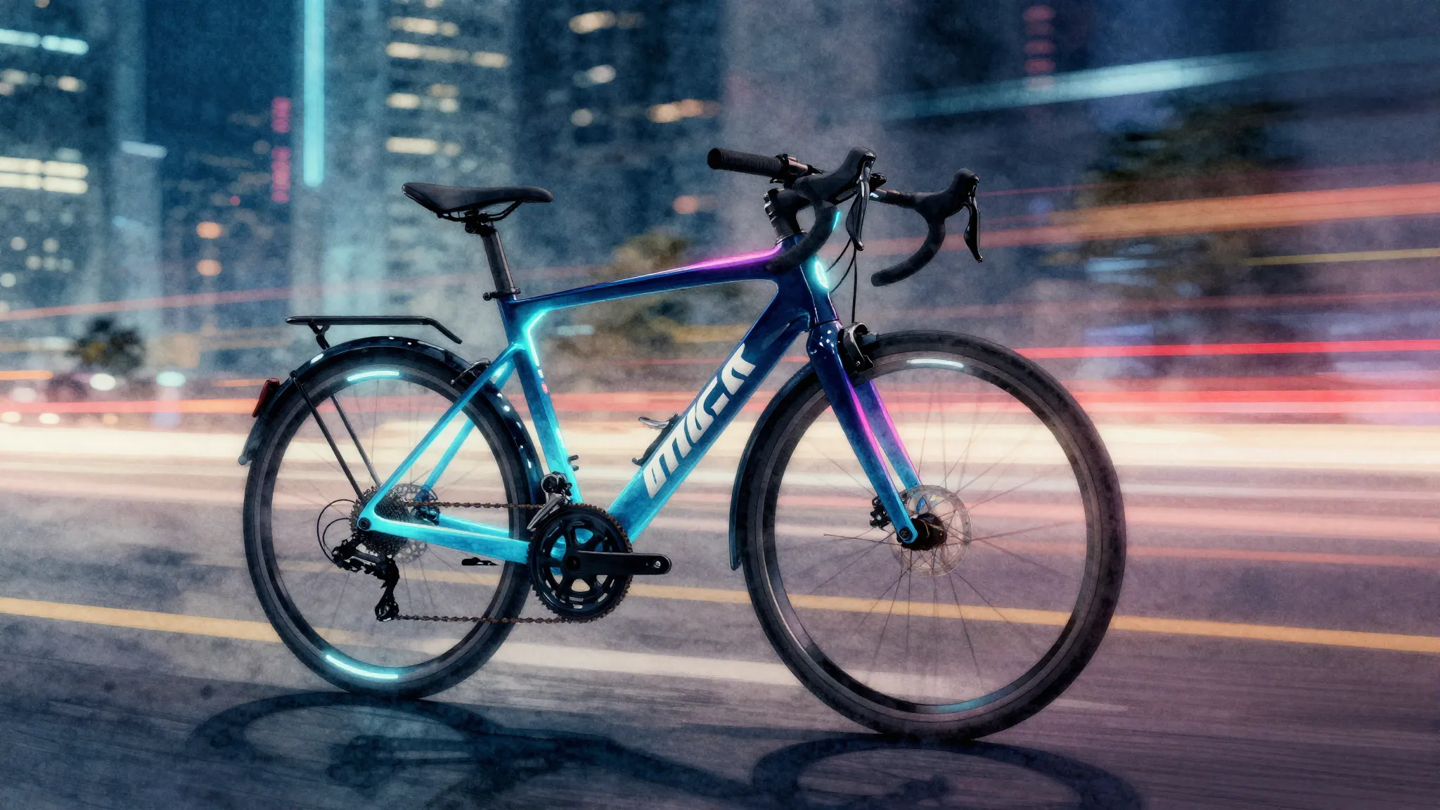 Watercolor style. A sleek, modern bicycle glowing with neon ...