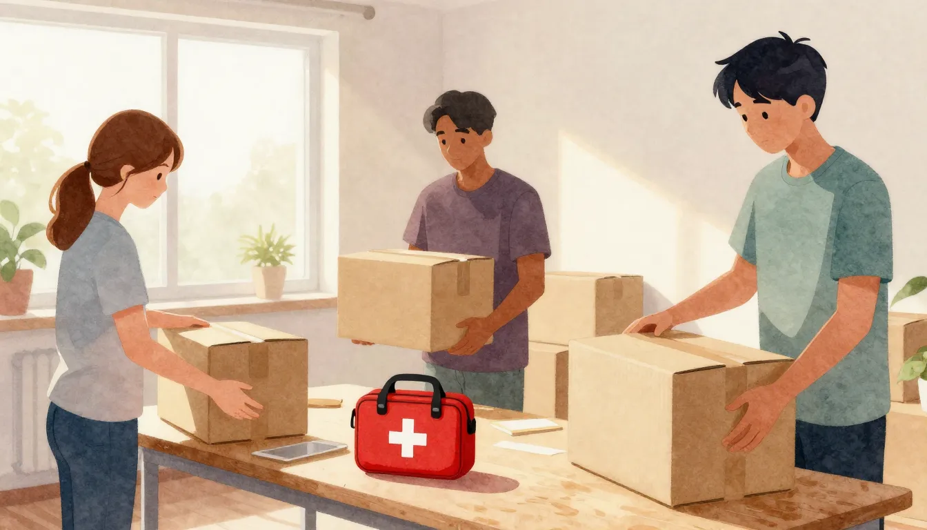 Watercolor style. Silhouettes of young people packing cardbo...