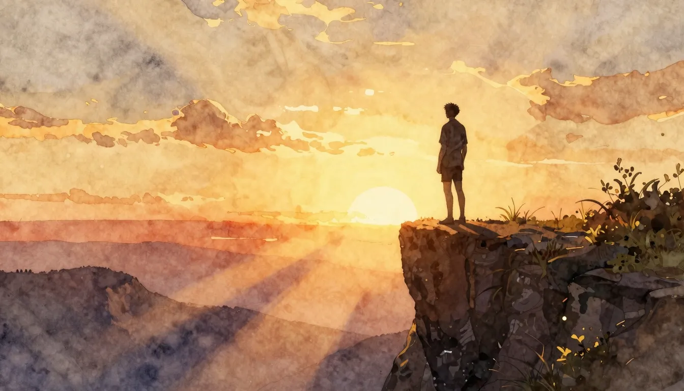 Watercolor style. Silhouette of a person standing on a cliff...