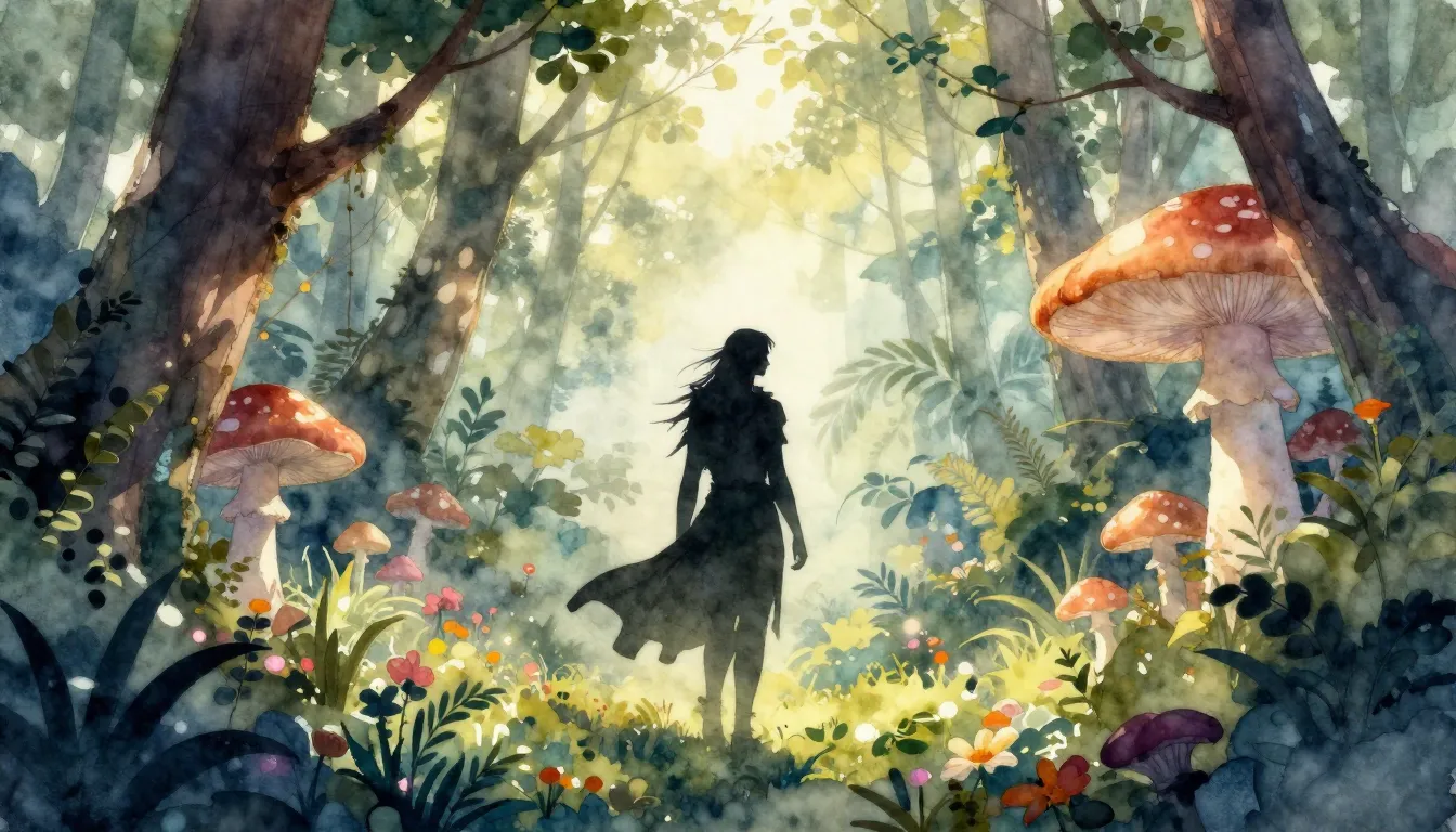 Watercolor style. Ethereal silhouette of a tall firbolg drui...