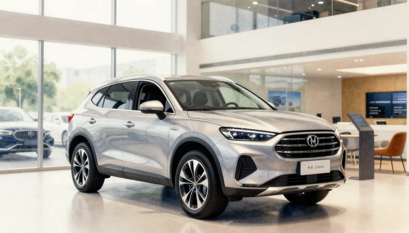 Watercolor style. A modern car dealership showroom with a sh...