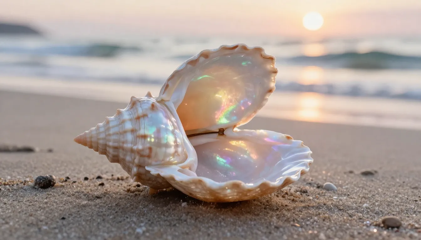 Watercolor style. A close-up of an open iridescent seashell ...