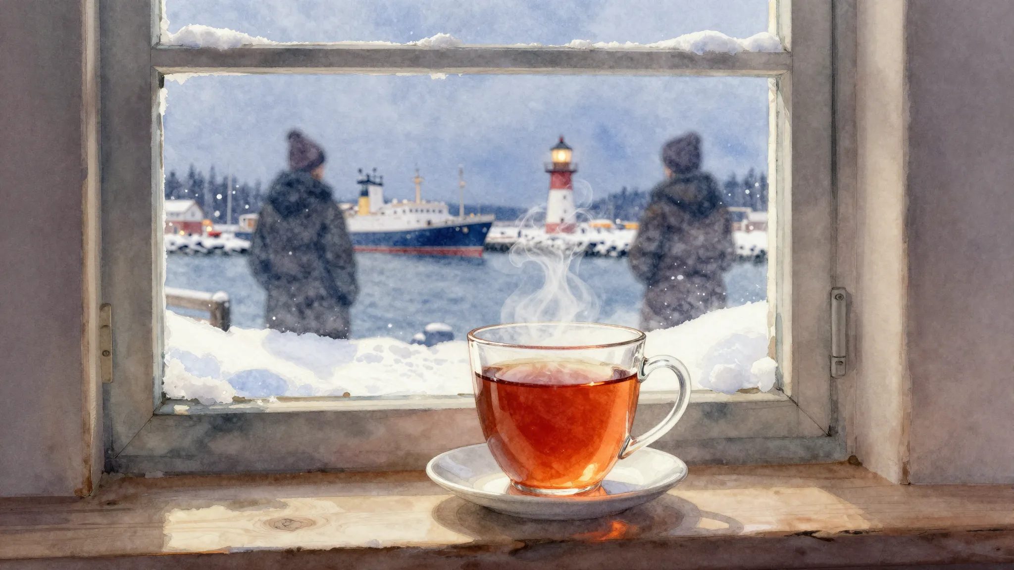 Watercolor style. A cozy window view with a steaming mug of ...